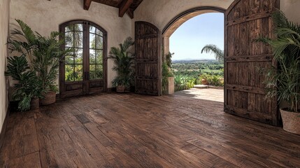 Fototapeta premium Rustic villa interior featuring dark hardwood floors, large arched wooden doors opening to a scenic outdoor landscape, and potted palm plants.
