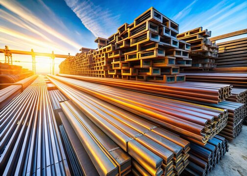 Aerial Drone Shot:  Stacked L-beams and Metal Angle Bars at Warehouse