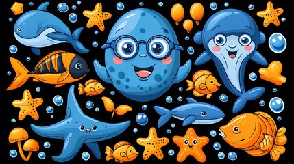 Naklejka premium Underwater Cartoon World: Adorable Sea Creatures