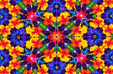 A colorful kaleidoscope design features an array of flowers with vivid hues and symmetrical patterns