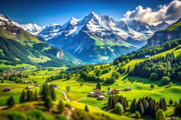 Tilt-shift magic transforms Swiss Alps.  Lush green valley, snow-capped peaks. Stunning wallpaper.