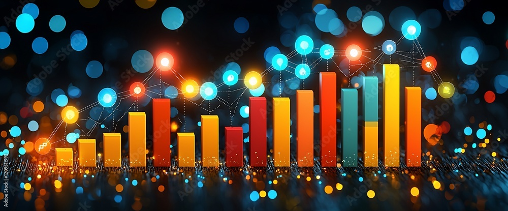 Aufkleber colorful bar graph rising with data network.