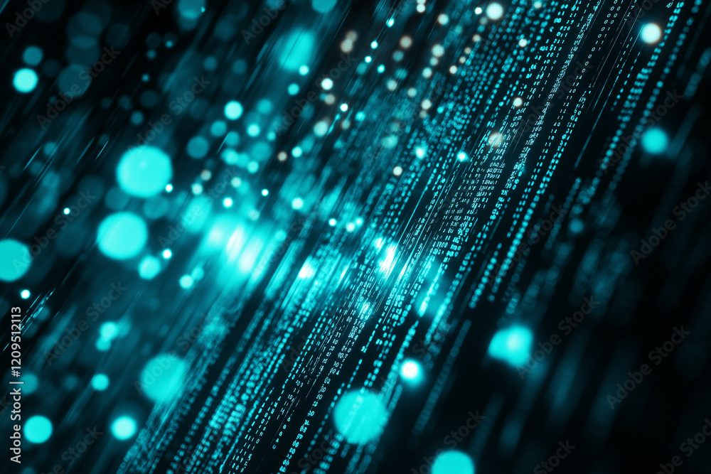 Poster Blue digital binary data on computer screen background