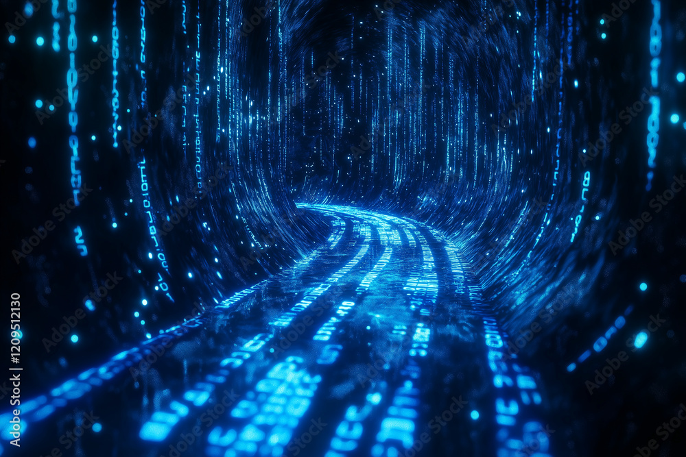 Poster Blue digital binary data on computer screen background