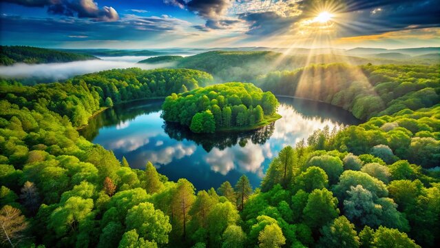 Aerial Drone View: Summer Longoz Forest & Lake - Double Exposure Photography