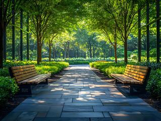 Serene Park Path: Benches, Trees, Sunlight