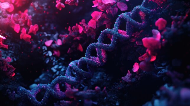 Top-down shot of a stylized DNA model made from molecular shapes on a glowing background, offering space for branding.