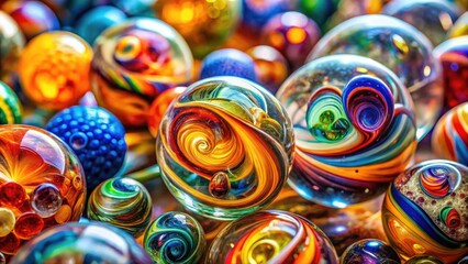 Obraz premium Tilt-shift photography reveals intricate textures and swirling patterns in this abstract glass art piece, a vibrant explosion of color.