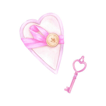 recommend clip art: Hand drawn watercolor St. Valentine composition. Illustration of heart Valentine's card and key isolated on white background. Can be used for postcard, label, scrapbook and other printed products.