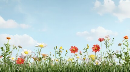Obraz premium The seasonal ecology of a wildflower meadow Colorful wildflowers in a green field under a blue sky.