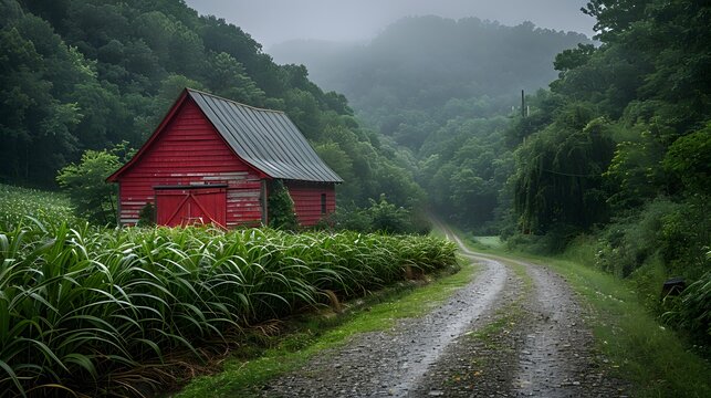 Serene Red Barn in Misty Mountain Valley