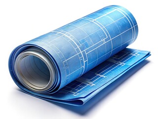 Rolled Blueprint Architectural Plan, Tied with String, Isolated White Background Stock Photo