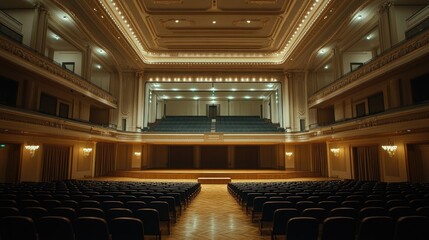 Top-down view of a classical concert hall with wooden floors, empty seats, and soft lighting, creating space for text or branding.