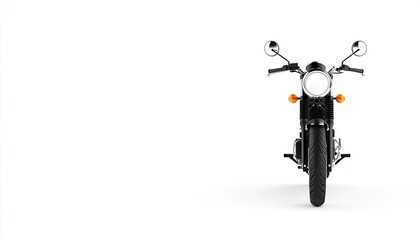 A sleek black motorcycle stands prominently against a minimalistic white background, showcasing its design