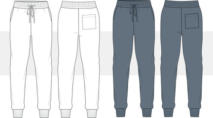 Jogger Pants technical fashion illustration. Sports Sweat Pants fashion flat technical drawing template, pockets, elastic waistband, front and back view, women, men, unisex CAD mockup.