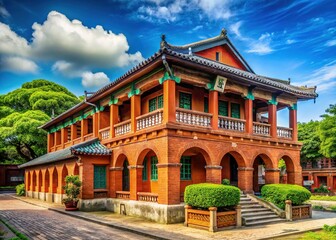 Fototapeta premium Tamsui Historic Japanese Police Dormitory: Preserved Colonial Architecture in Taiwan