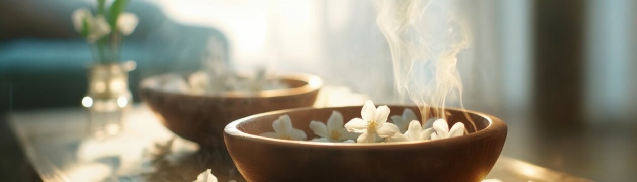 Relaxing ambiance with steaming bowls of aromatic herbs.