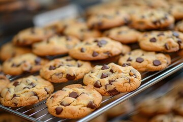 Warm, golden brown chocolate chip cookies rest on a cooling rack, their rich aroma filling the air