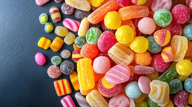 Assorted Colorful Candies on Dark Background, candy, sweets, sugar, variety, delicious