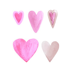 Hand drawn watercolor St. Valentine set of Valentine's hearts isolated on white background. Can be used for postcard, label, scrapbook and other printed products.