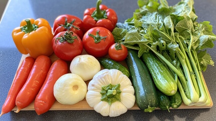 Fresh vegetables on cutting board, colorful and vibrant