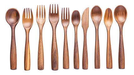 Set of wooden spoons and forks isolated on transparent background