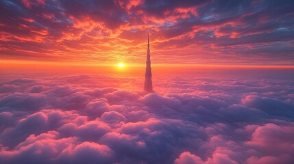 Majestic sunset over a towering spire rising above vibrant clouds, evoking a sense of wonder
