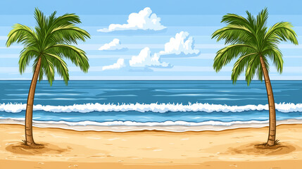 Obraz premium Two palm trees on serene beach with waves and clouds