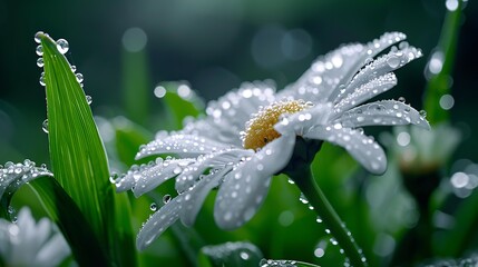 Dew-covered daisy, garden, morning light, nature's beauty, stock photo