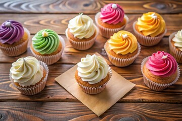 Aerial View: Delicious Cream Cupcakes with Blank Label Tag on Rustic Table - Drone Photography