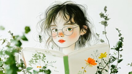 Whimsical girl with glasses reading among wildflowers and greenery