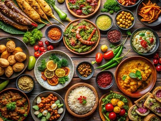 Fototapeta premium Aerial View: Diverse Food Dishes & Packaging - PNG Images