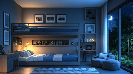 Teenager's Room at Night, bedroom, moon, stars, window, view