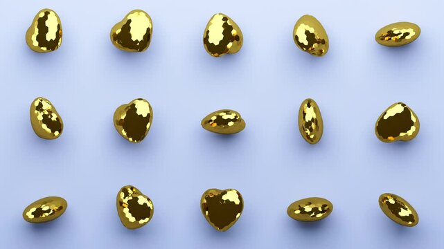 Random rotating golden 3d hearts pattern. Love concept with for Valentines day. Light blue background. 4k looped animation.