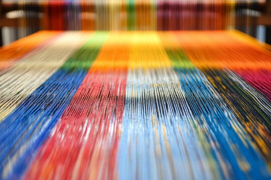 Colorful threads arranged on a weaving loom machine.