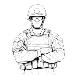 An outline of a soldier in full gear with a helmet, symbolizing readiness for combat. Soldier full gear design.


