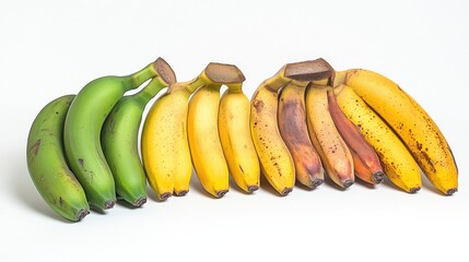 A cluster of bananas with varying degrees of ripeness, Their vibrant colors offering a visual feast, Set against an isolated white background to capture their diversity 