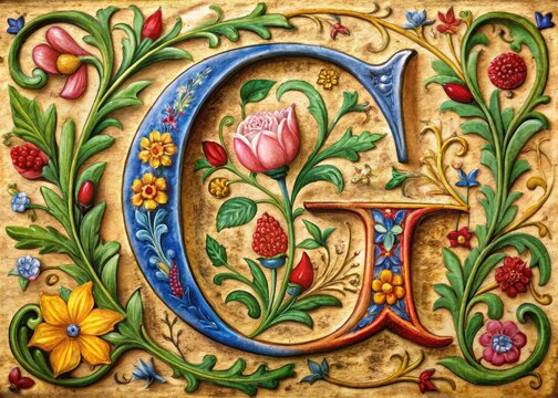 Vintage G initial letter, medieval floral motif, antique miniature book design; a charming alphabet.
