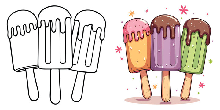 Popsicle Ice Cream Line Art Vector Illustration Black and White with Coloring Sample. Bold and Easy Food, Fruits, Sweets, Drinks, Dessert, and Snacks Coloring Pages for Adults and Kids