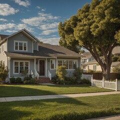 Suburban Family Home: A warm and inviting suburban house with a picket fence, a two-car garage, and children playing in the front yard.