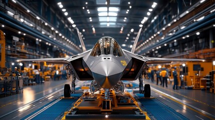 Obraz premium Modern fighter jet being assembled in a high-tech manufacturing facility with workers in action