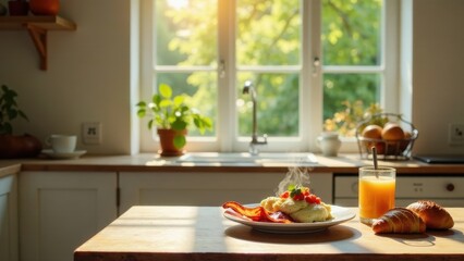 A Sunny Kitchen Table Setting with a Delicious Breakfast of Scrambled Eggs, Bacon, and Freshly Baked Croissants, Enjoying the Warm Morning Light Streaming Through a Window