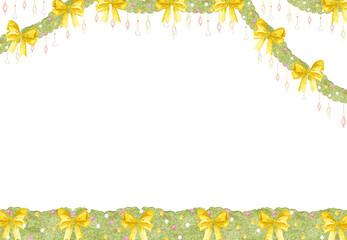 Christmas garlands frame border. Hand drawn watercolor illustration of spruce with bows isolated on white background. Can be used for postcard, label, scrapbook and other printed products.