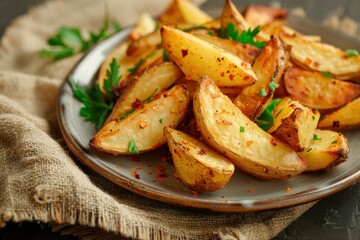 Seasoned potato wedges are garnished with fresh parsley and spices, creating a tempting appetizer or side dish
