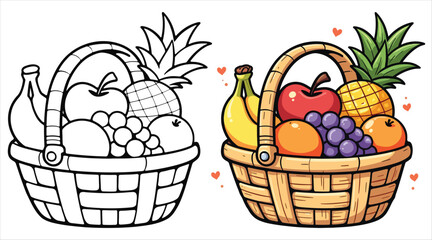 Fruit Basket and Various Fruits Line Art Vector Illustration Black and White with Coloring Sample. Bold and Easy Food, Fruits, Sweets, Drinks, Dessert, and Snacks Coloring Pages for Adults and Kids