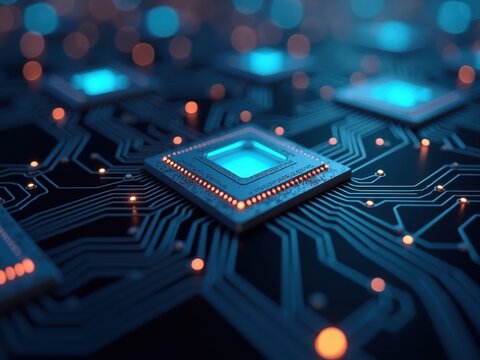 Neuromorphic computing technology showcasing advanced microchips and circuit patterns under blue lighting in a dark environment