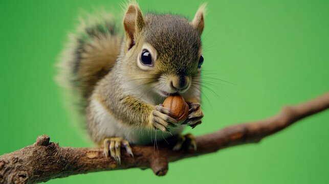 A close-up of a squirrel holding a nut, perched on a branch, with a green background