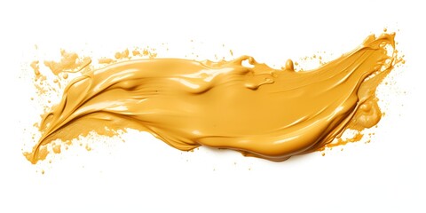 A golden paint stroke, isolated on a white background, in ultra-realistic photography. bokeh background