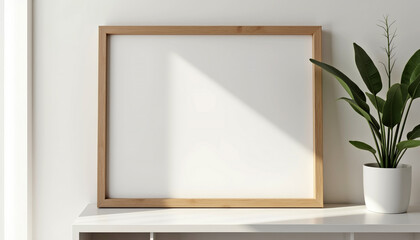 Square frame mockup with copy space on white shelf and plant in modern interior