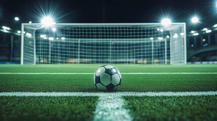 Soccer ball resting in front of goal net on a stadium field under bright lights